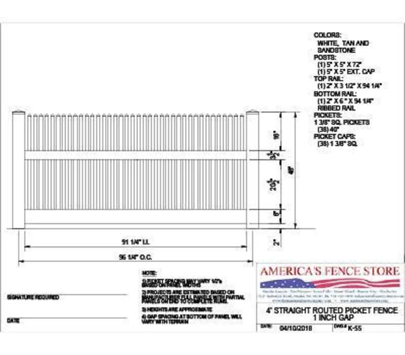 K-55   4' Tall x 8' Wide Straight Routed Picket Fence with 1" Air Space White