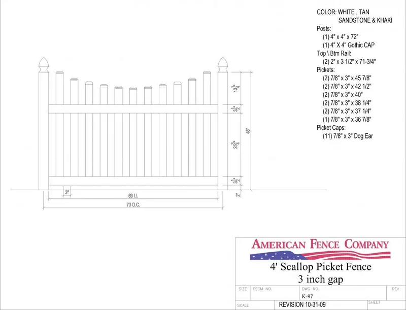 K-97   4' Tall x 6' Wide Underscallop Picket Fence with 3" Air Space White