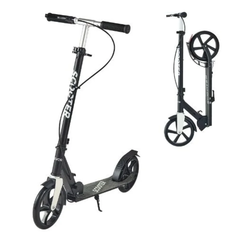 Kick Scooter for Kids 8+ Teens & Adults  2-Wheel Adjustable Handlebar Anti-Slip Deck Foldable Black & Silver Up to 220 lbs