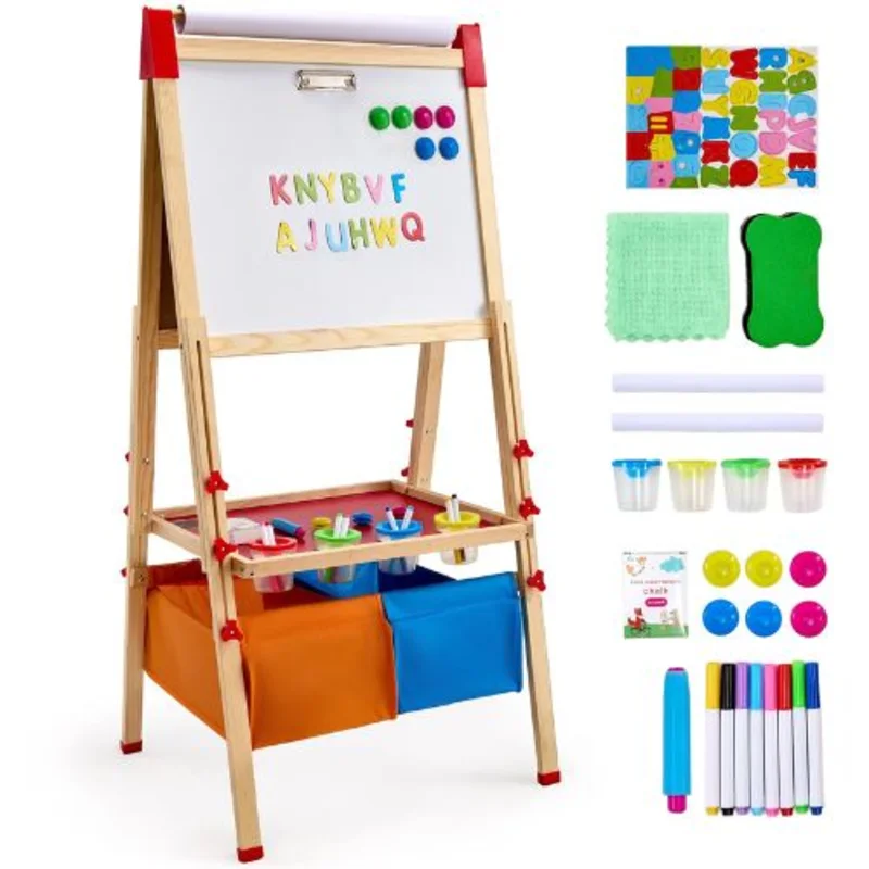 Kids 3-in-1 Wooden Art Easel  Double-Sided Magnetic Whiteboard & Chalkboard with Paper Roll