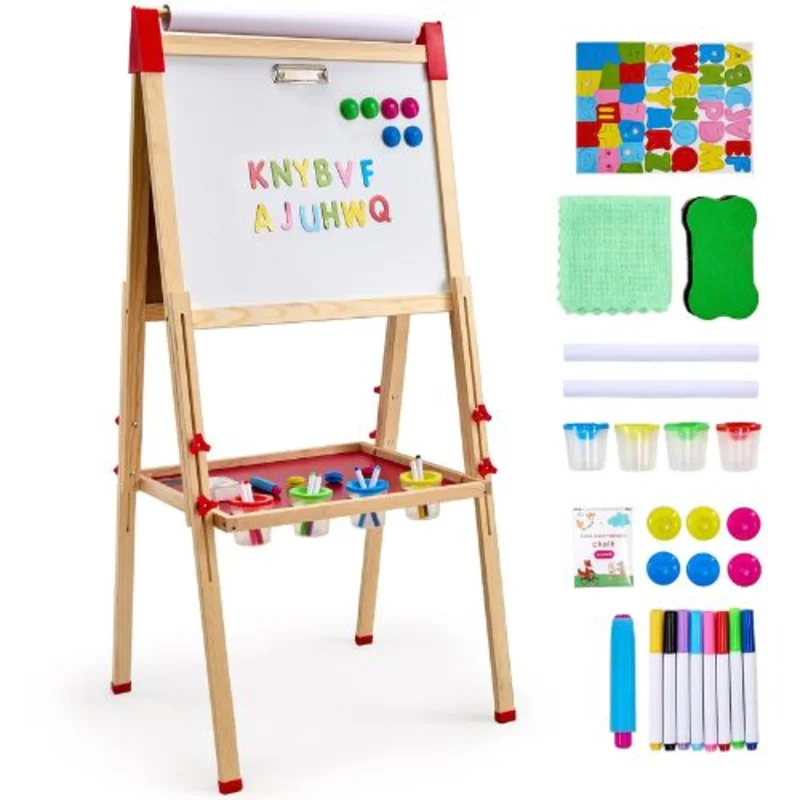 Kids 3-in-1 Wooden Art Easel  Double-Sided Whiteboard & Chalkboard with Paper Roll