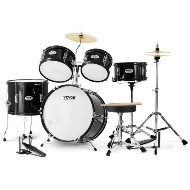Kids 5-Piece 16 Beginner Drum Set with Throne, Cymbals & Pedal (Black)