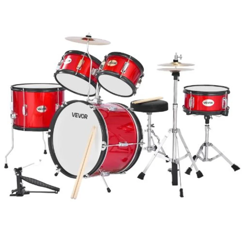 Kids 5-Piece 16 Drum Set  Beginner Kit with Adjustable Throne Cymbal & Drumsticks (Red)