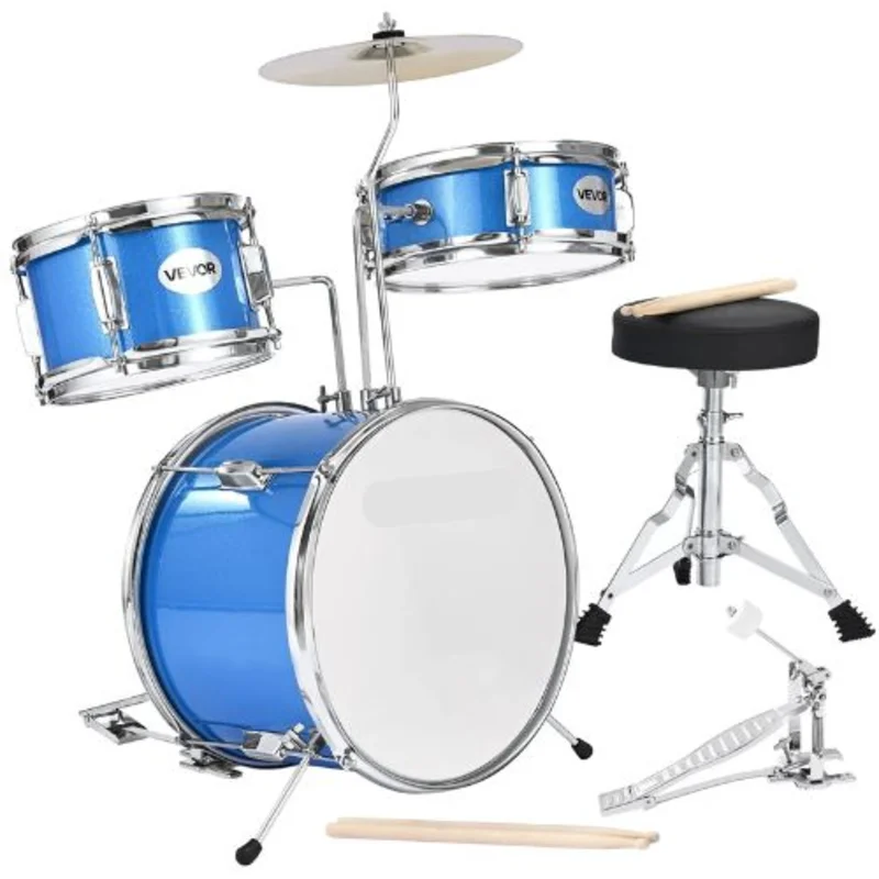 Kids Drum Set, 3-Piece 14" Junior Drum Kit with Stool Cymbal & Drumsticks, Sky Blue