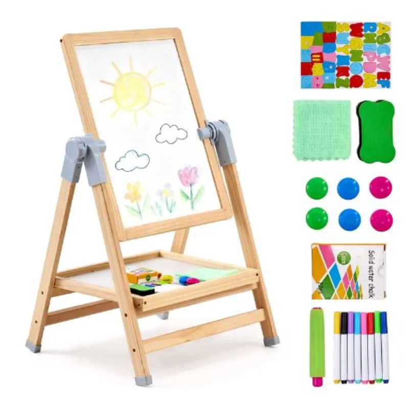 Kids Wooden 2-in-1 Art Easel Rotatable Double-Sided Drawing Board for Kids