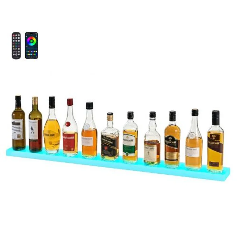 LED Lighted Liquor Bottle Display, 1-Tier 48" Bar Shelf, USB Powered, Remote & App Control, 7-Color Illuminated Rack for 12 Bottles