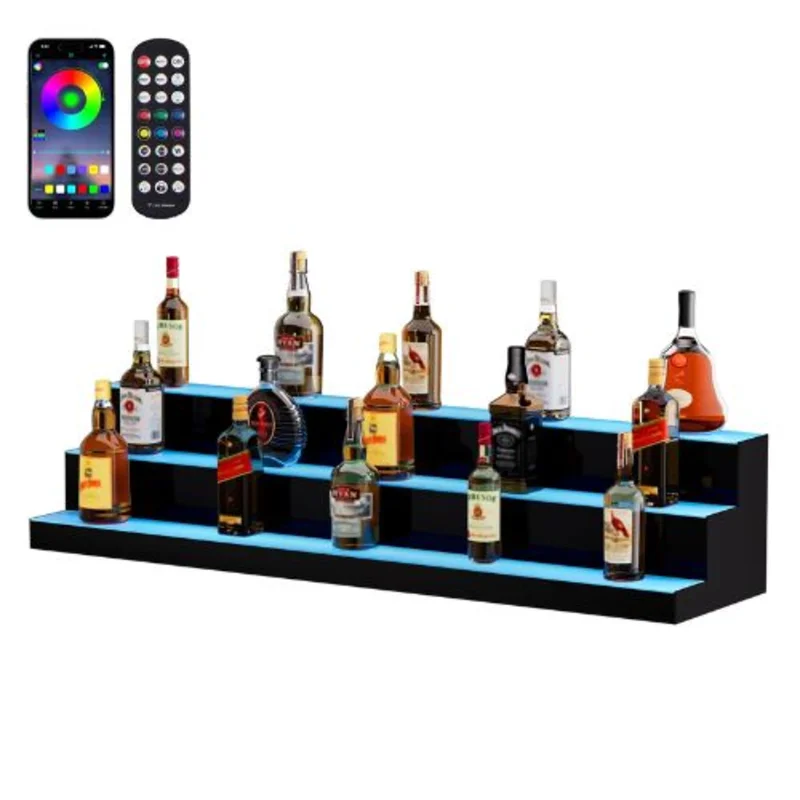 LED Lighted Liquor Bottle Display, 3-Tier 48" Illuminated Bar Shelf with RF Remote & Multicolor Lighting