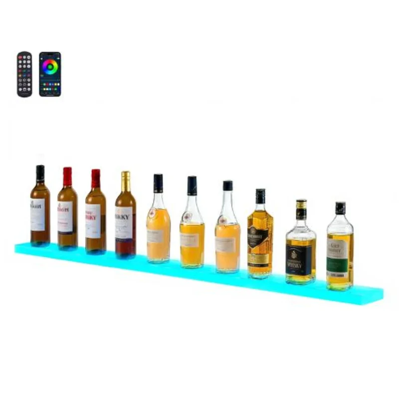 LED Lighted Liquor Bottle Display, 60" Single-Tier Bar Shelf with USB, RF Remote & App Control, 7 Colors, Holds 15 Bottles