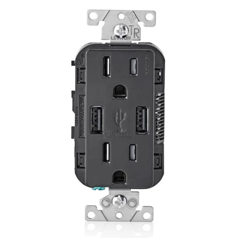 Leviton 15A 125V Wall Outlet USB Charger Tamper Resistant Receptacle Black T5632-E