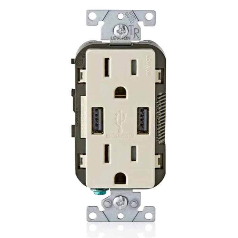 Leviton 15A 125V Wall Outlet USB Charger Tamper Resistant Receptacle Light Almond T5632-T