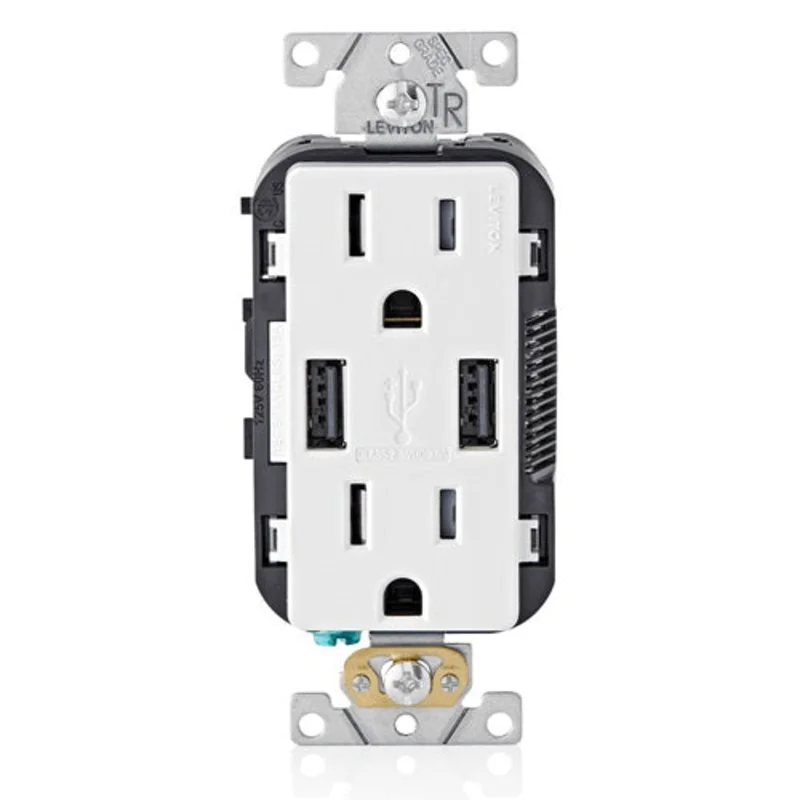 Leviton 15A 125V Wall Outlet USB Charger Tamper Resistant Receptacle White T5632-SW