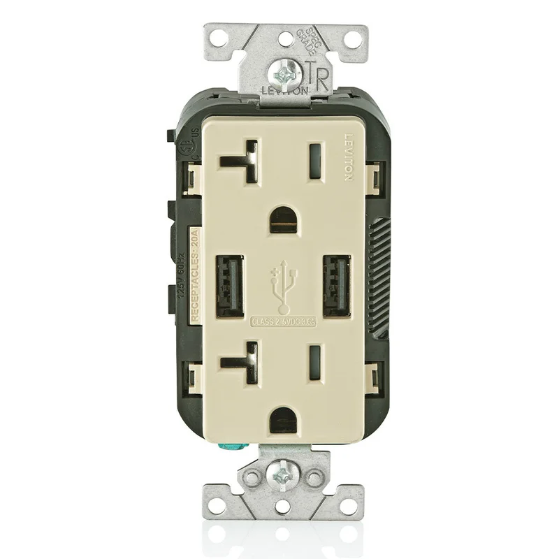 Leviton 3.6 Amps Wall Outlet Charger with 20A Tamper-Resistant Receptacles T5832-I