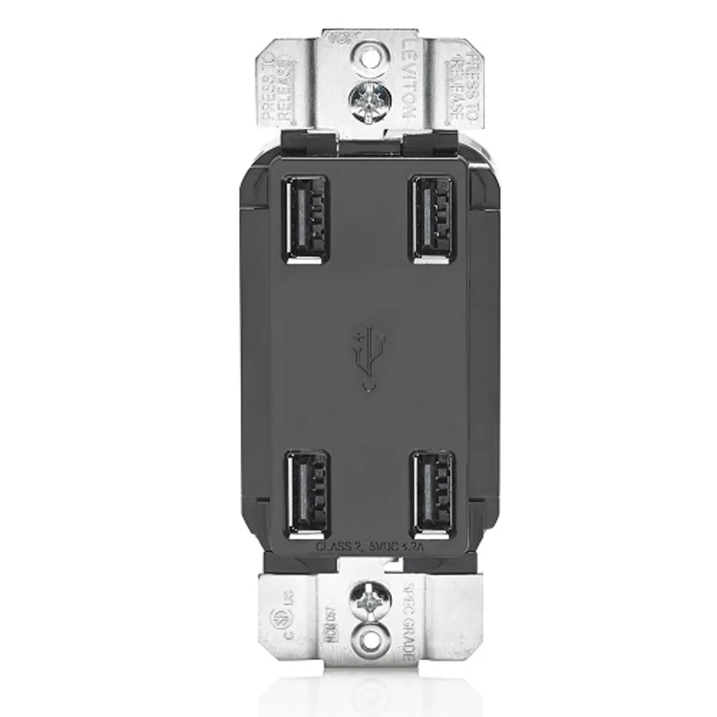Leviton 4.2A 125V 4 Port USB Wall Charger Black USB4P-E