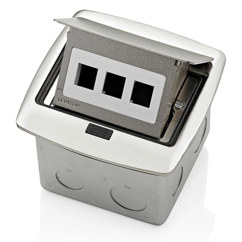 Leviton Pop Up Floor Box Wth 3 Port QuickPort Insert Brushed Nickel PFQP3-BN