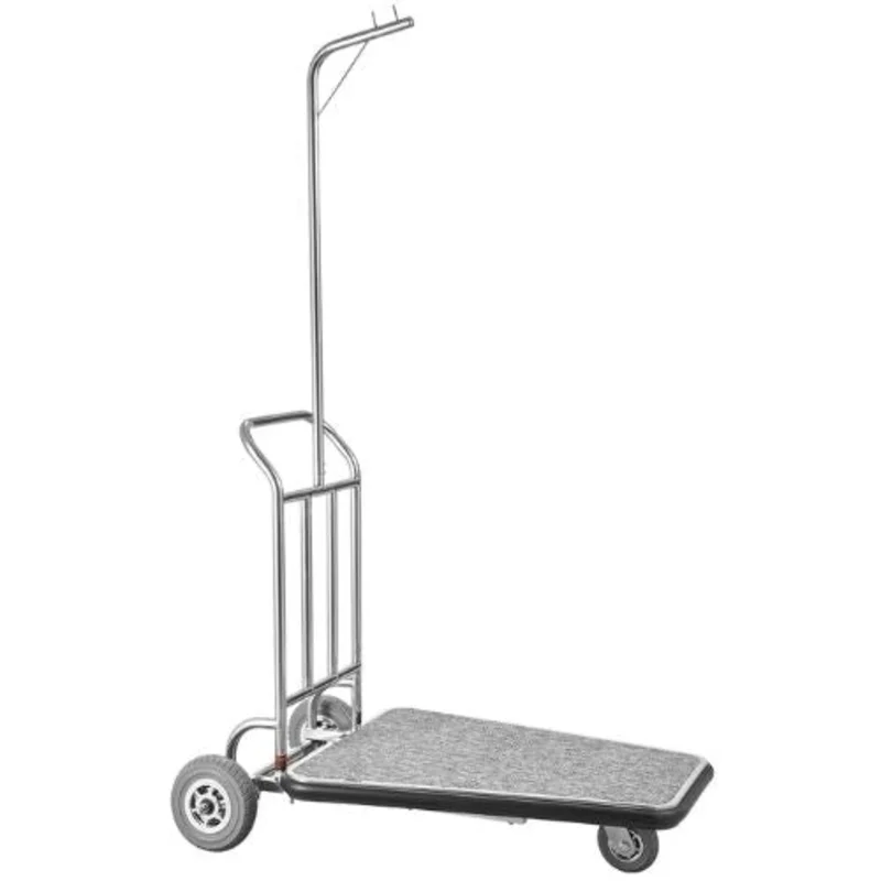 Luggage Cart 600 LBS Load Capacity 3 Wheel Stainless Steel Bellman Cart Valet Cart with Grey Carpeted Deck and Rubber Wheels
