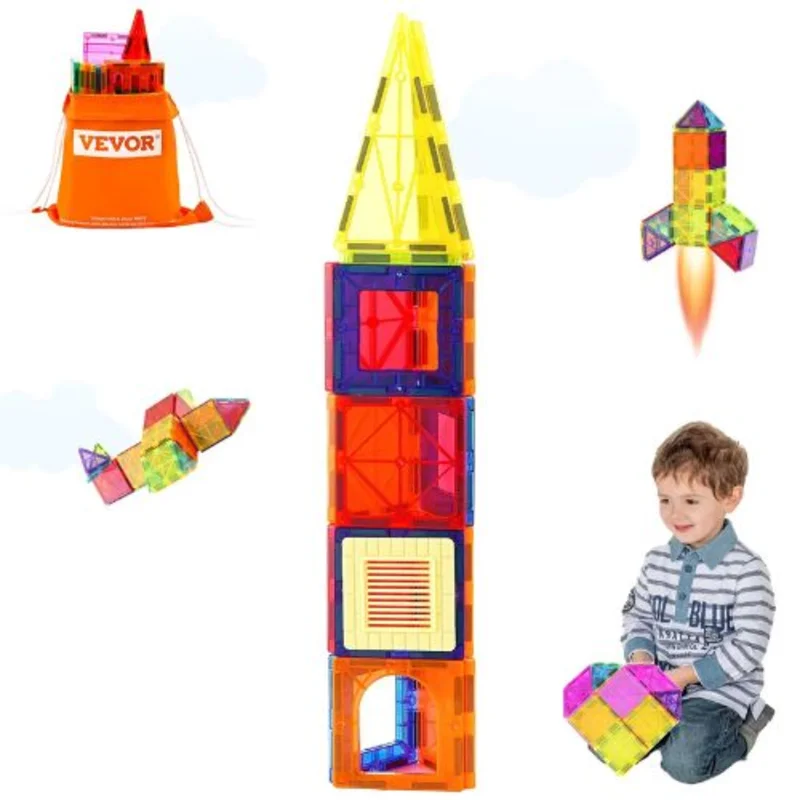 Magnetic Building Tiles 55PCS with Car Base & Digital Cards for Kids 4+