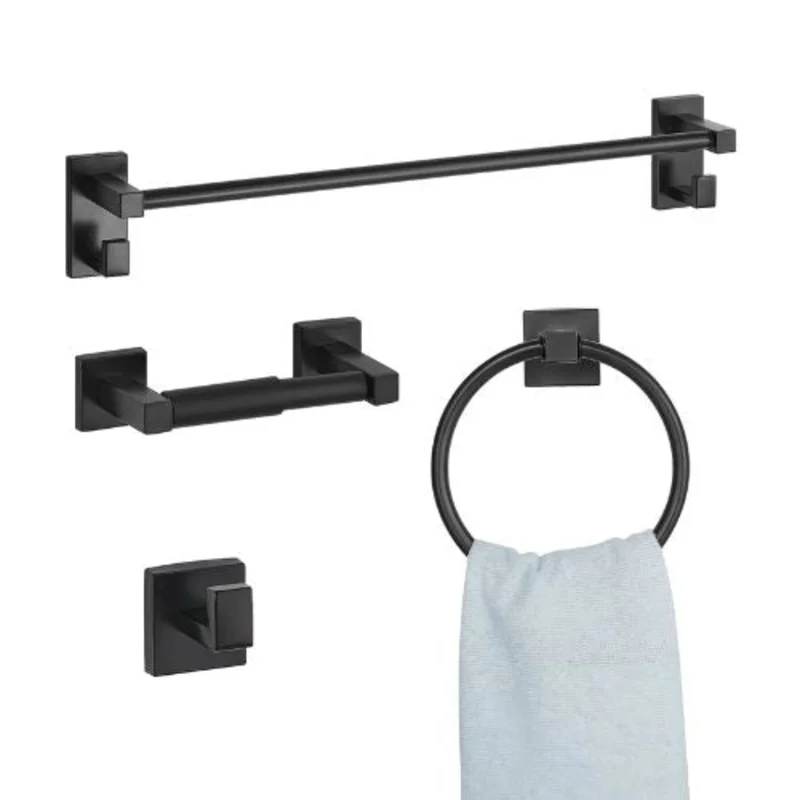 Matte Black 4-Piece Stainless Steel Bathroom Hardware Set 24-inch Towel Bar Towel Ring Robe Hook Toilet Paper Holder Wall Mounted