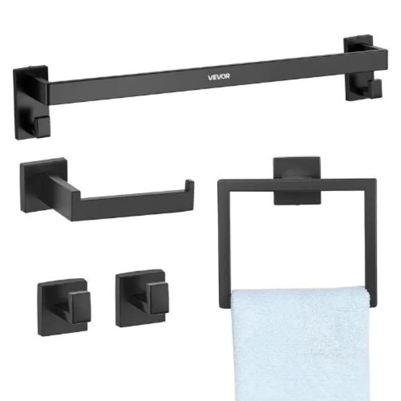 Matte Black 5-Piece Stainless Steel Bathroom Hardware Set 24-inch Towel Bar Towel Rack 2 Robe Hooks Toilet Paper Holder Wall Mounted