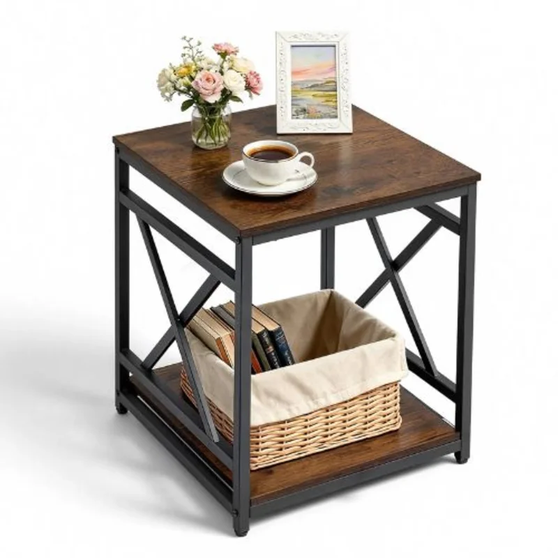 Modern 2-Tier End Table with Open Shelves, Brown