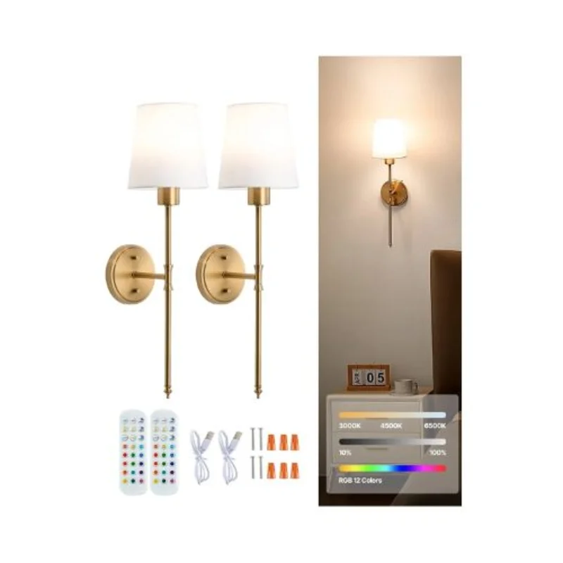 Modern Cordless Rechargeable RGB LED Wall Sconce Lamps with Timer & Remote Control Set of 2