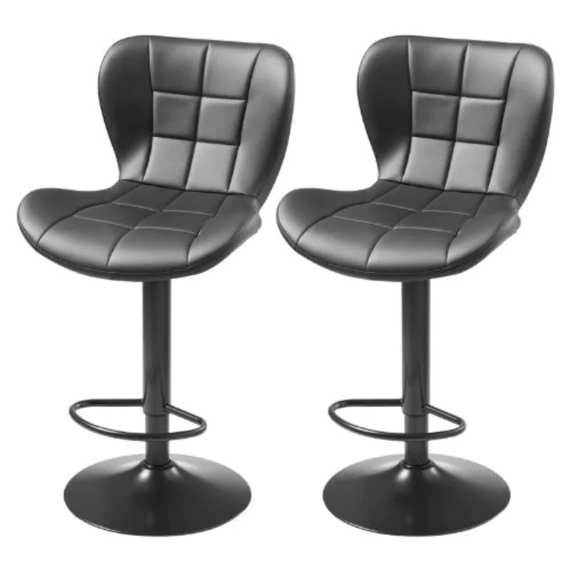 Modern PU Leather Bar Stool Set with Back and Footrest Height Adjustable for Kitchen Dining Room (Black)