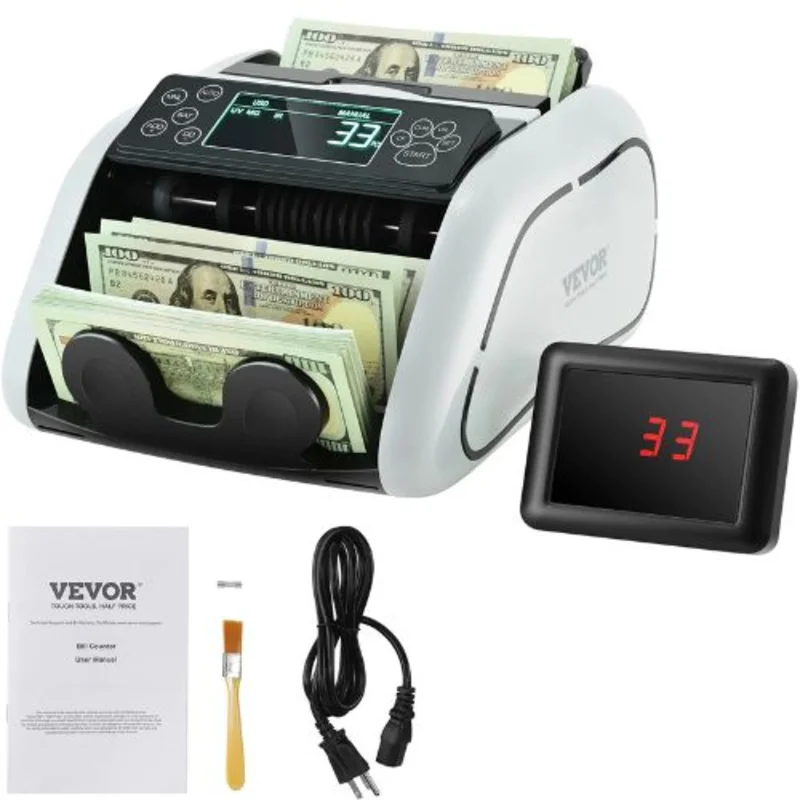 Money Counting Machine with Counterfeit Detection (UV, MG, IR, DD), USD & EUR Bills Large LCD & External Display