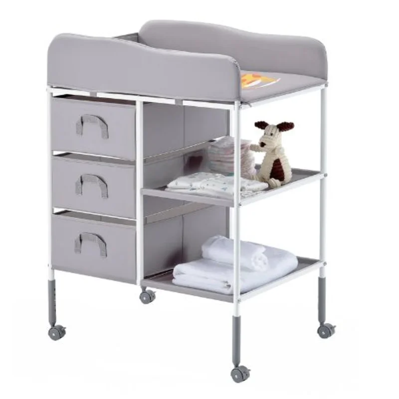 Multi-Functional Baby Changing Table with Drawers Portable Diaper Station with Wheels Adjustable Height & Storage Organizer (Gray)