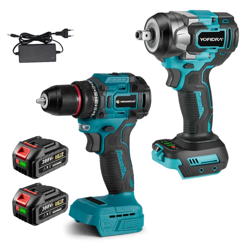NewBeny 1200N.m Cordless Impact Wrench & 10mm Drill Combo Kit With 2 Batteries and Charger