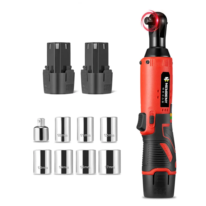 NewBeny 3/8" 60N.m Right Angle Cordless Ratchet Wrench with 2 Batteries & Charger