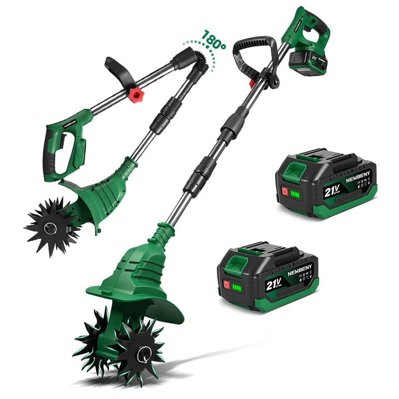 NewBeny 6.7 Inch Cordless Garden Tiller Cultivator Dual-Blade Design with Foldable Handle [2 batteries and a charger included]