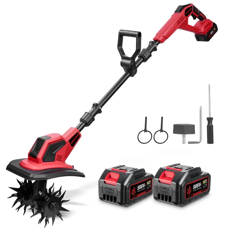 NewBeny 9 Inch Brushless Cordless Tiller Cultivator 3-Section Detachable Design With 2 Batteries & Charger