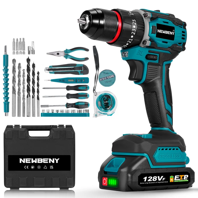 NewBeny Brushless Cordless Drill Kit 2 Batteries, 30/22 Accessories, Charger & Case
