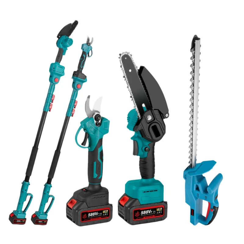 NewBeny Cordless 20" Hedge Trimmer & 6" Chainsaw & 25mm Pruning Shears & 2m Telescoping Pole Combo Kit With 2 Batteries and Charger