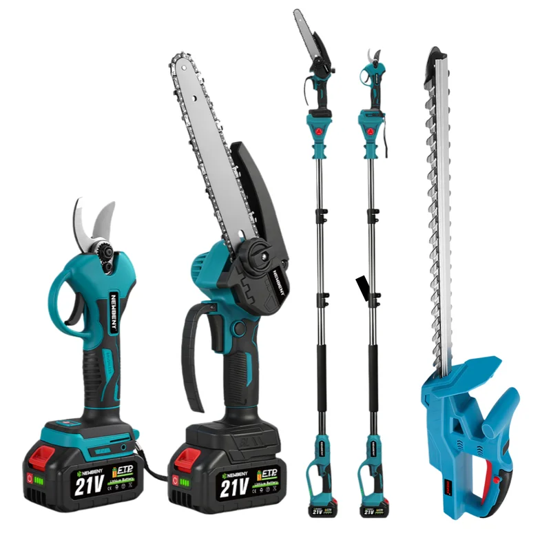 NewBeny Cordless 20" Hedge Trimmer & 8" Chainsaw & 30mm Pruning Shears & 2m Telescoping Pole Combo Kit [2 Batteries and a Charger Included]