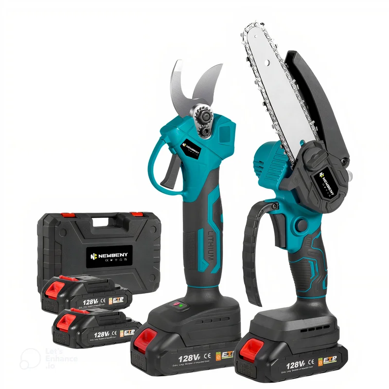 NewBeny Cordless 6" Chainsaw & 25mm Pruning Shears Combo Kit With 2 Batteries and Charger