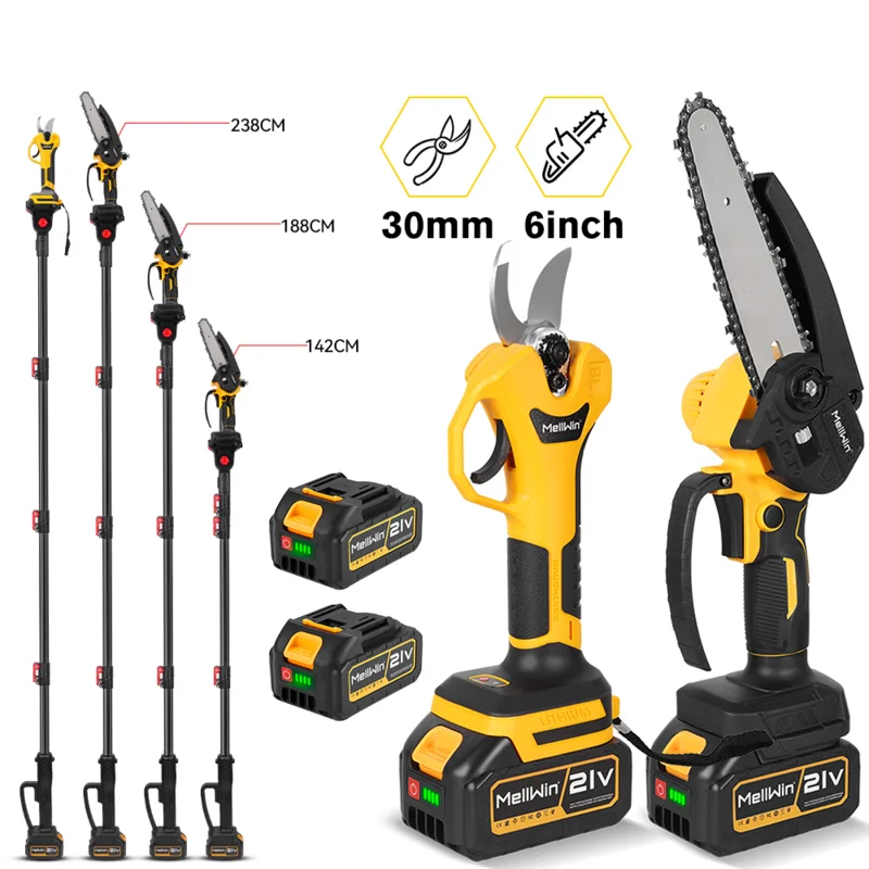 NewBeny Cordless 6" Chainsaw & 30mm Pruning Shears & 2m Telescoping Pole Combo Kit [2 batteries and a charger included]
