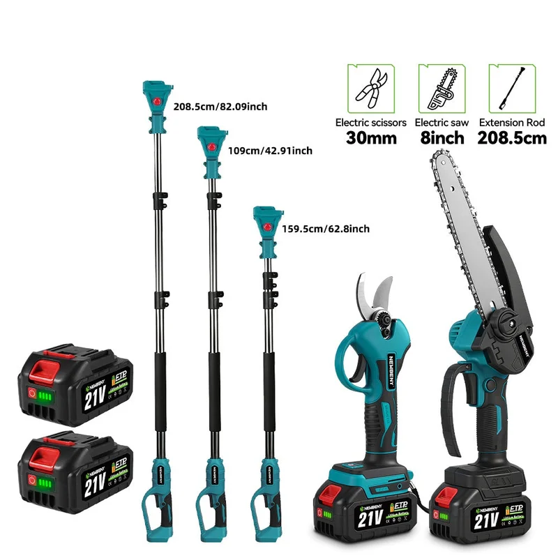 NewBeny Cordless Tree Trimming Tool Set 8" Chainsaw, 30mm Pruning Shears & 208cm Telescopic Pole, 2 Batteries with charger