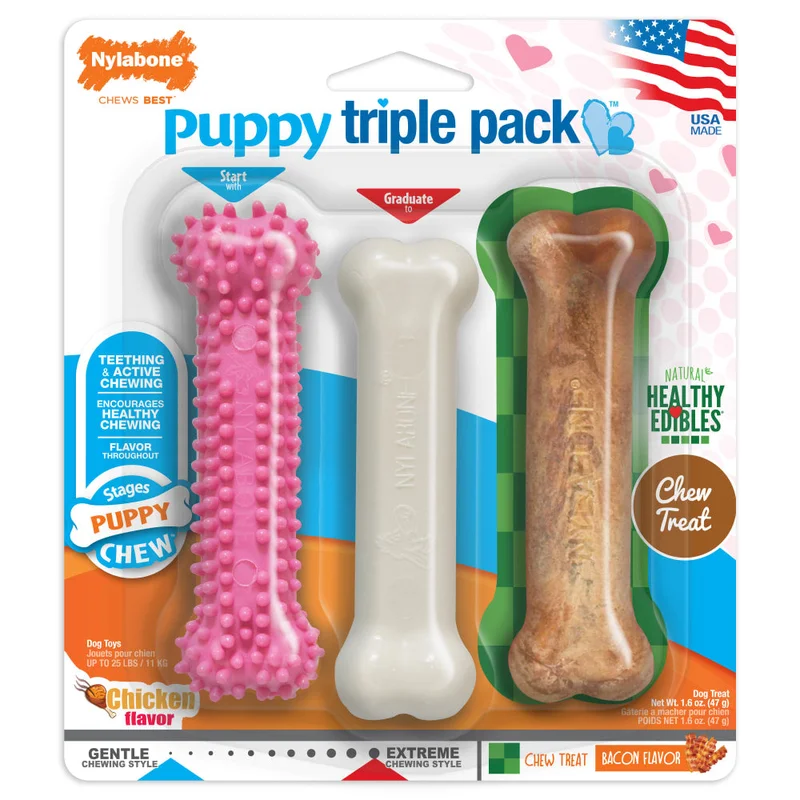 Nylabone Puppy Chew Toys & Treat Triple Pack Pink