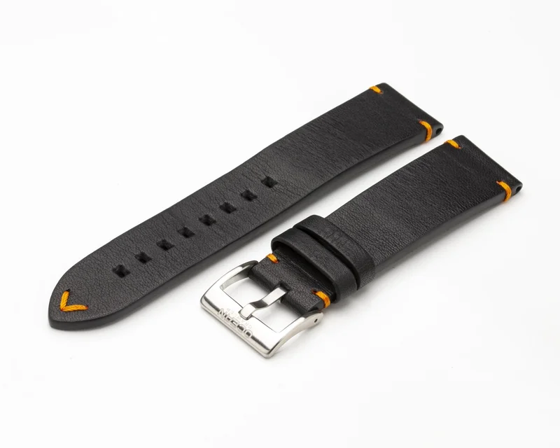 Ocean Crawler Black Leather Strap - Orange Stitching - 22mm