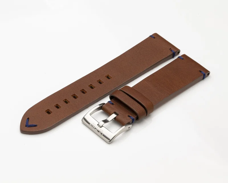 Ocean Crawler Brown Leather Strap - Blue Stitching - 22mm
