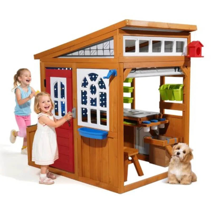 Outdoor Cedar Wooden Kids Playhouse Kids cottage with fun accessories rounded corners perfect for ages 310.
