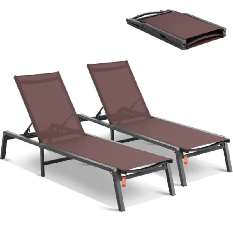 Outdoor Chaise Lounge Chairs, Aluminum, 5 Adjustable Positions (Brown) Pack of 2