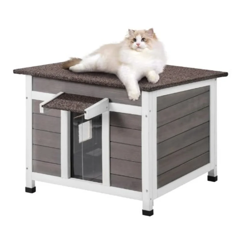 Outdoor Wooden Cat House with PVC Door Flaps and Window Weatherproof Shelter for Multiple Cats 24"L x 21"W x 18"H