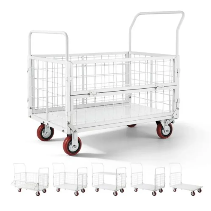 Platform Truck Cart with Cage Foldable Flatbed Cart with Swivel Wheels Heavy Duty Hand Truck Multi-Functional Push Dolly