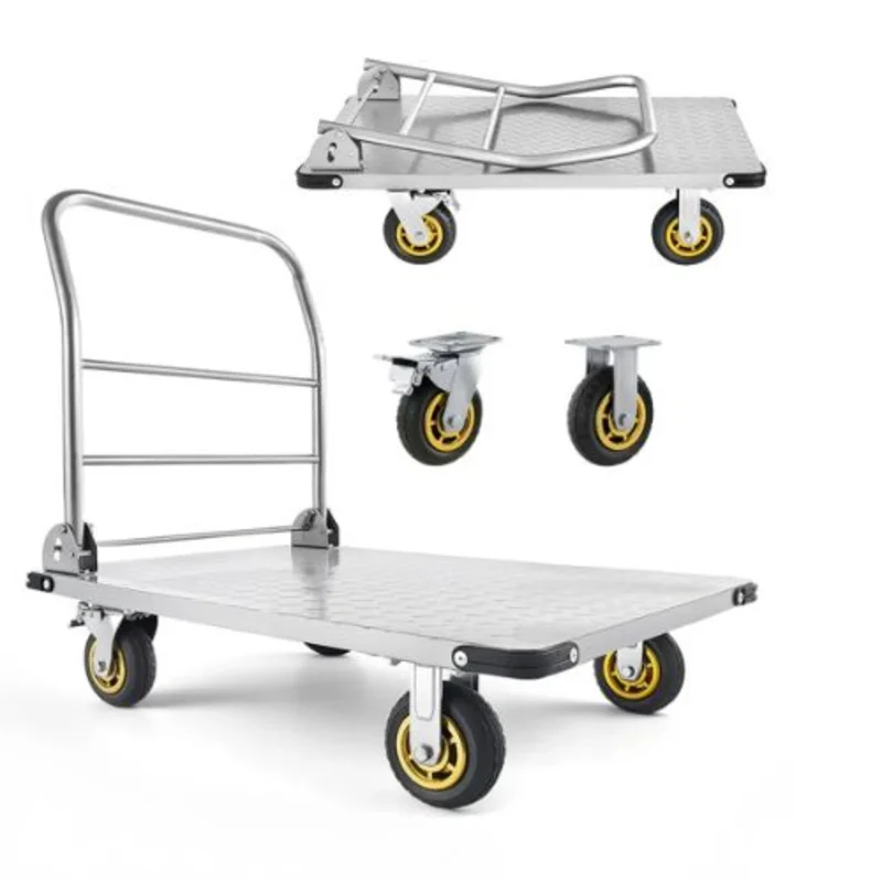 Platform Truck Heavy Duty Steel Flatbed Cart with Swivel Wheels and Handle Foldable Platform Hand Push Truck Dolly