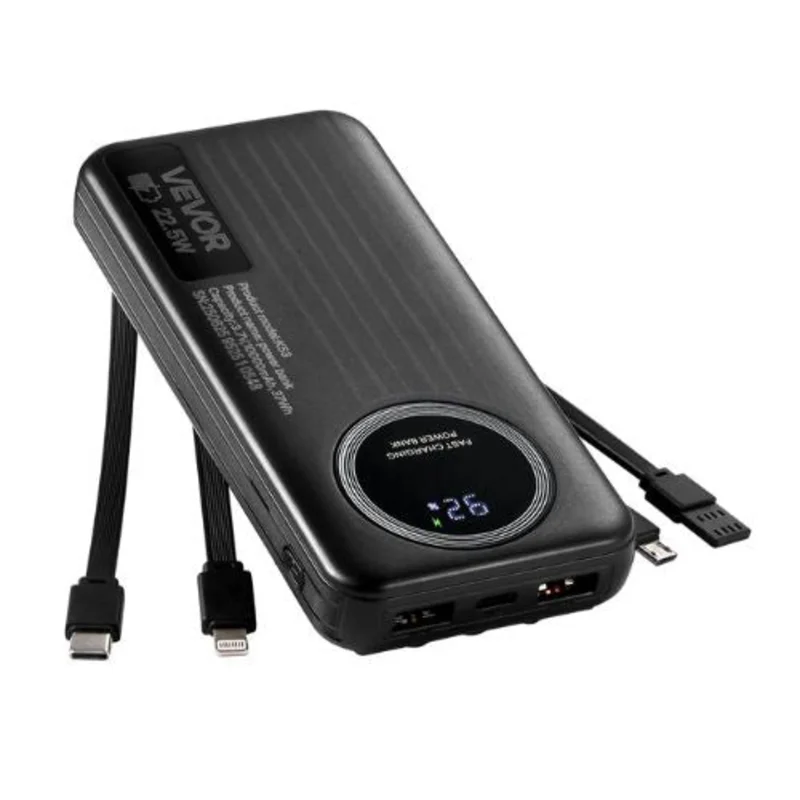 Portable Charger with Built-in Cables 10000 mAh Travel Battery Pack 6 Outputs 3 Inputs Fast Charging Power Bank