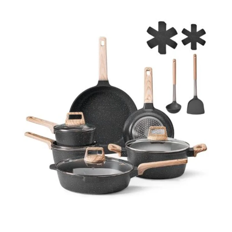 Pots and Pans Set Nonstick Granite Cookware Set for Kitchen (17 Piece) Black"