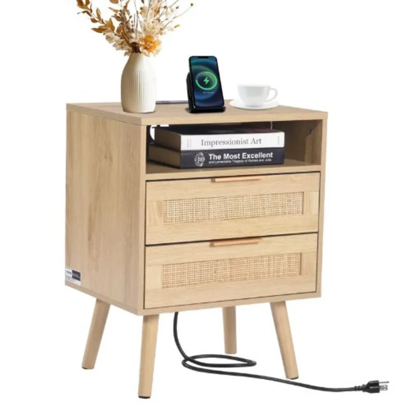 Rattan Bedside Table with Charging Station & Open Shelf