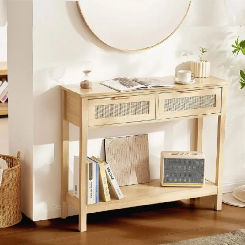 Rattan Console Table with 2 Drawers & Sliding Door