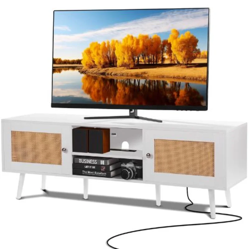 Rattan TV Cabinet for 65 Inch TV Boho Entertainment Center with Built-in Socket USB Ports & Storage (White)